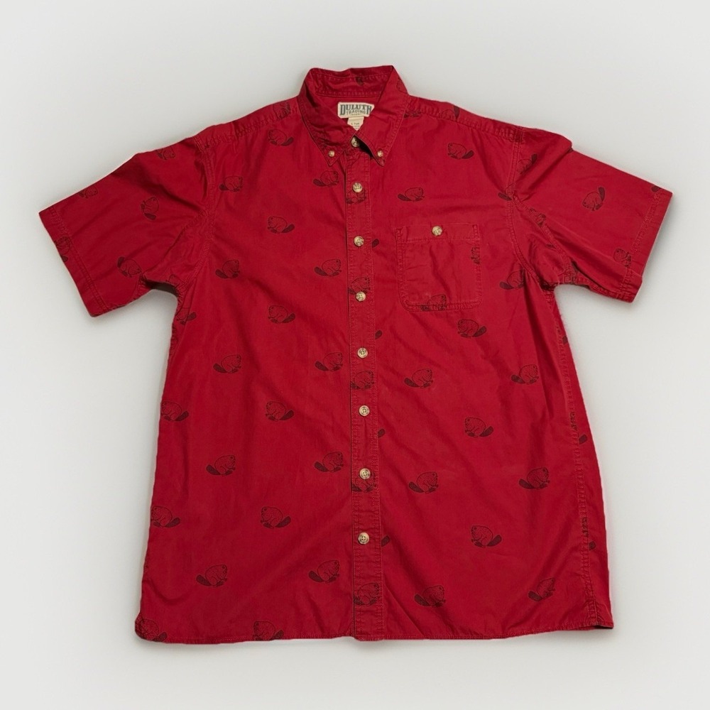 Duluth Trading Shirt MENS L TALL Red Short Sleeve Button Down Angry Beaver Print